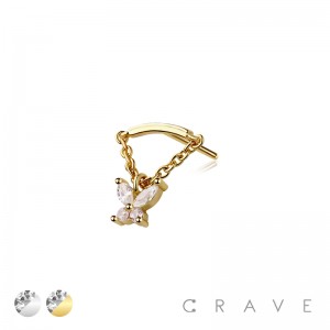 316L SURGICAL STEEL THREADLESS PUSH IN BUTTERFLY CHAIN DANGLE DANGLE CZ TOP PART